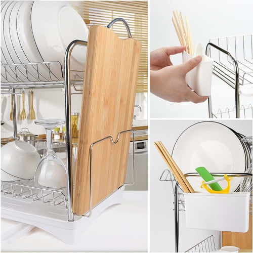 HINATA LIFE Dish Drainer, 2-Tier Stainless Steel Dish Drainer with Chopstick Holder, Cutting Board Holder, Dish Drainer Tray, Dish Drainer Basket, Dis
