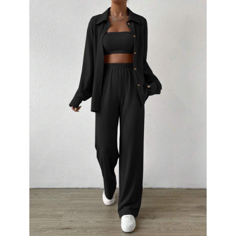 Autumn and Winter Solid Color Button Cardigan Lapel Casual Fashion Women's Two-piece Set