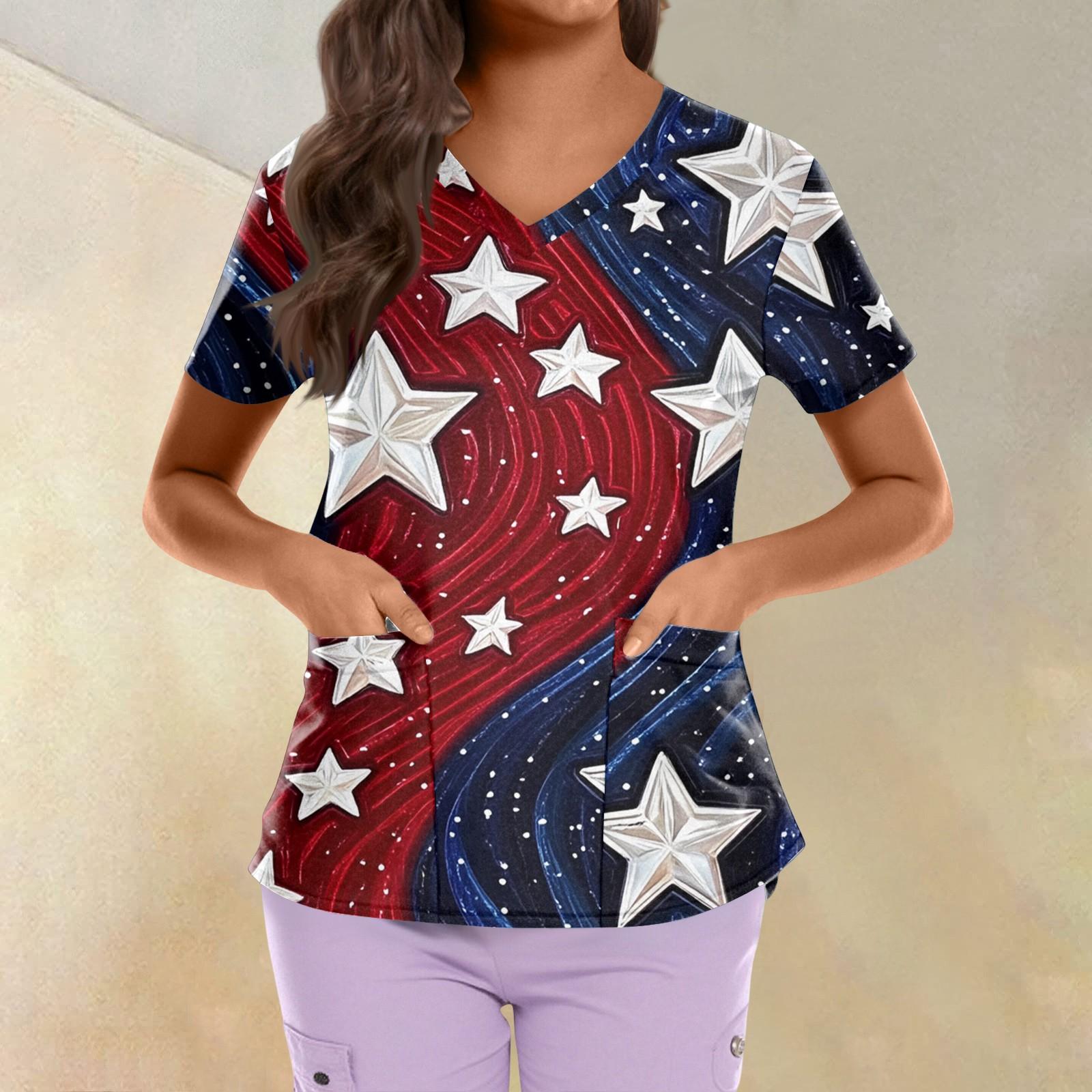 

Большие размеры, печатные рабочие униформы, топы для женщин, крестообразный V-образный вырез, День независимости, принт, короткий рукав, забавные футболки, рабочая одежда, футболка с карманами XL винный
