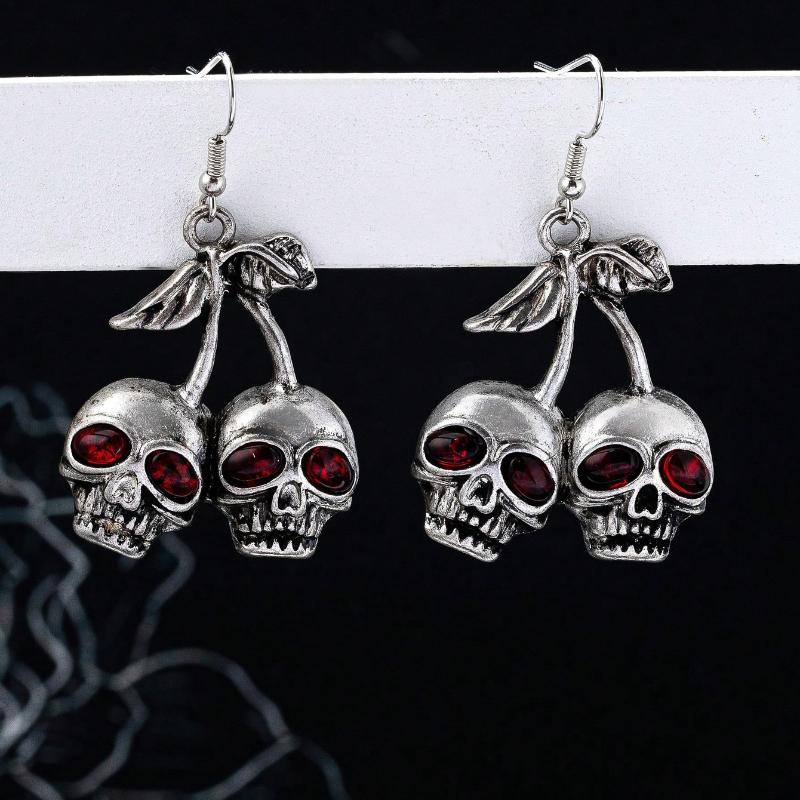 1 Pair Gothic Punk Style Cherry Skull Dangle Earrings, Skeleton Ghost Earrings Suitable for Women To Wear on Halloween
