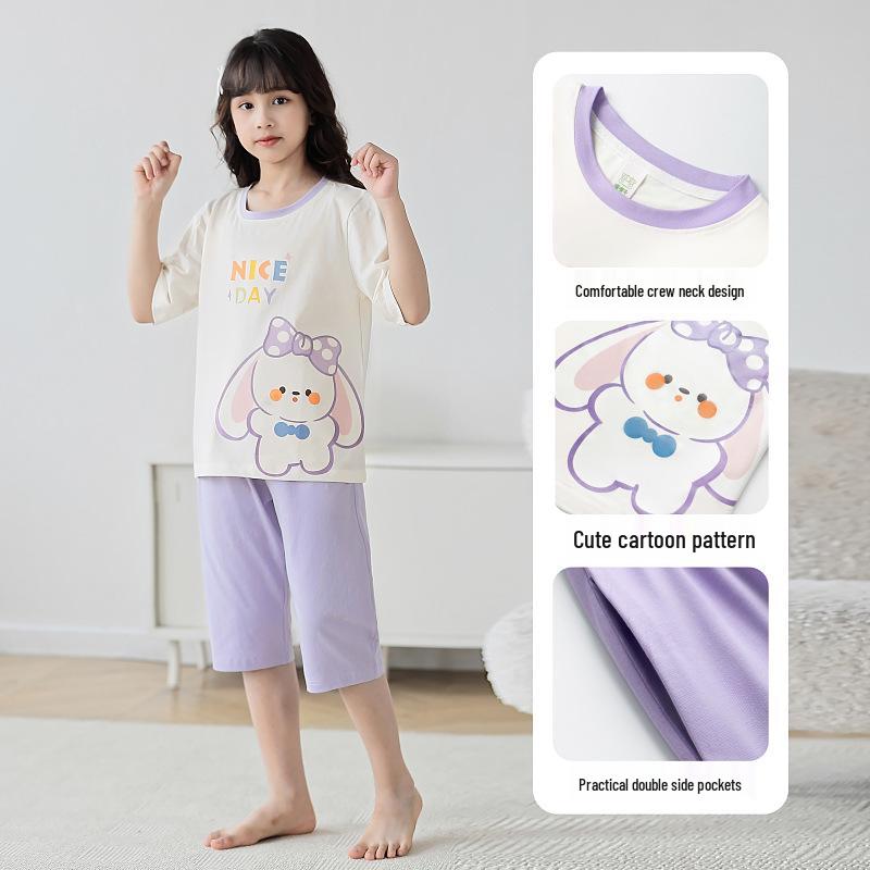Girls' Summer Cotton Pajama Set - Short Sleeve, Lightweight, for Middle and Big Children, 2024 New Style