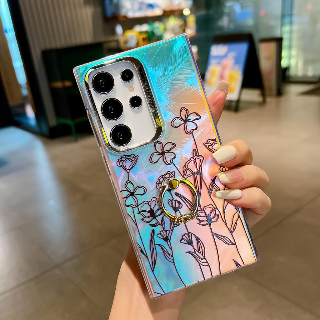 Electroplated Laser Flower Imd with Ring Buckle Bracket S24 Mobile Phone Case S25Ultra Anti-drop All-inclusive A56 Hard Case
