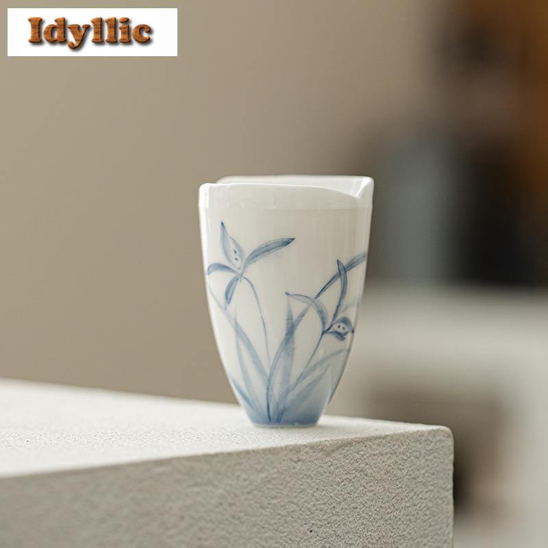 2pc/lot Hand Drawn Orchid Jade Mud Teacup Aesthetic Tea Bowl Tea Pair Tea-tasting Meditation Cup Jianzhan Master Cups Gift 65ml