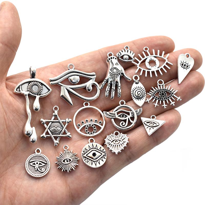 DIY Alloy Jewelry Accessories: 16 Antique Silver Horus Eye Pendants Set