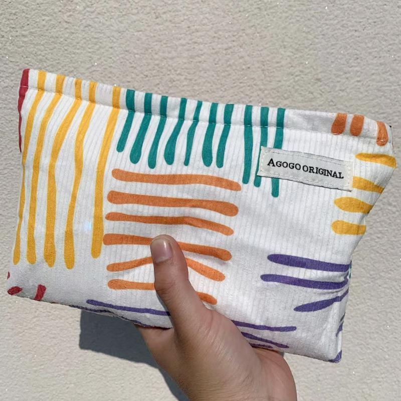 Corduroy Portable Cosmetic Bag Striped Waterproof Toiletry Organizer Large Capacity Skin Care Storage Bag for Hiking Trip