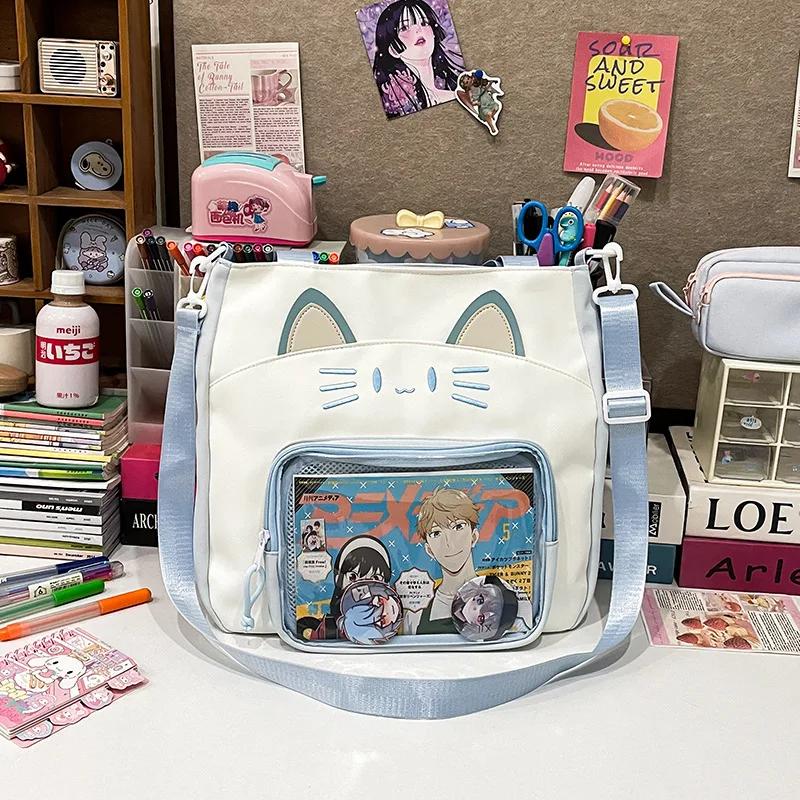 Y2K Cute Cat Ita Shoulder Bag Large Capacity Women Casual Crossbody Bag Kawaii Girl Transparent Pocket DIY Display Nylon Handbag