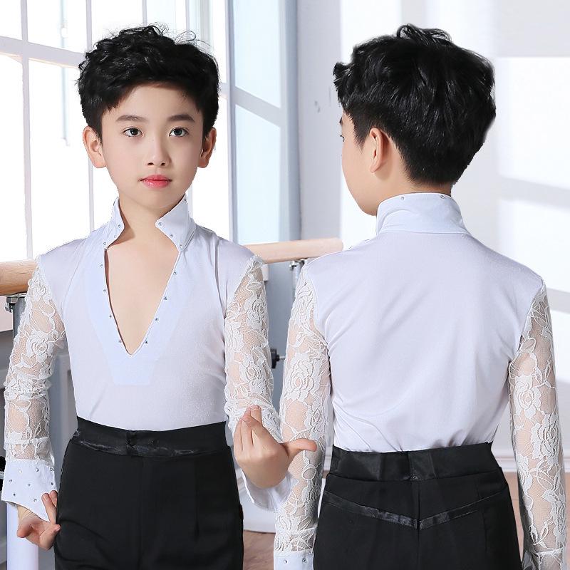 Boys' Latin Dance Performance Tops: Long & Short Sleeve Training Wear for Summer & Autumn Competitions & Exams