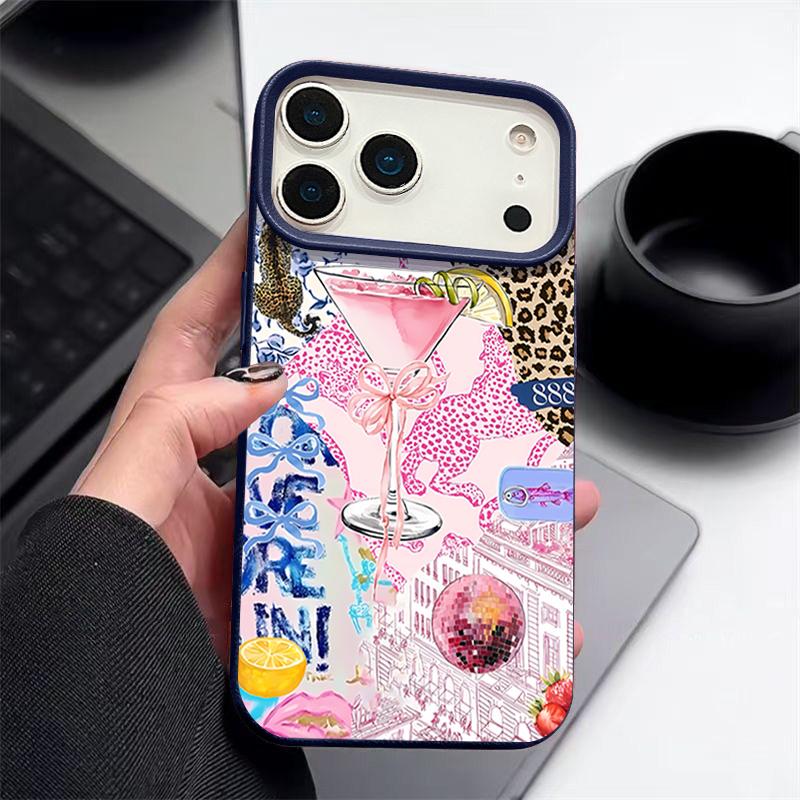 For iPhone 17 Pro Max Case Luxury Pink Goblet Bowknots Disco Ball Pattern Leather Texture Silicone Cover For iPhone 16 Pro Max 15 14 13 12 11 16E Air