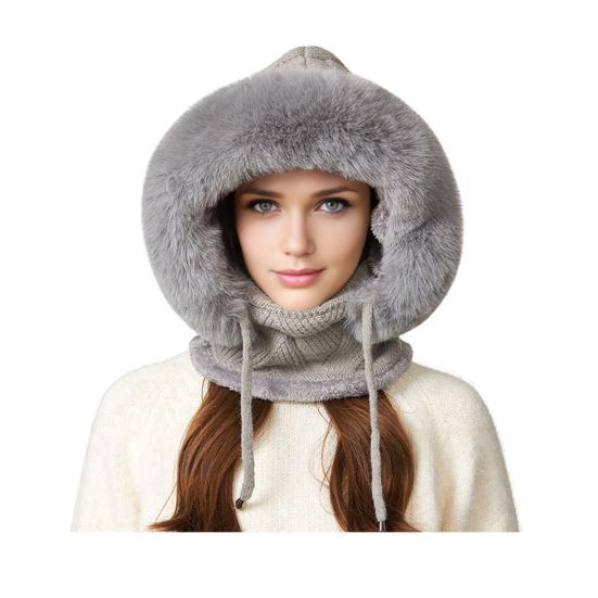 Winter Headgear with Scarf Face Guard Solid 3 In 1 Hat Color Adjustable Drawstring Windproof Hat