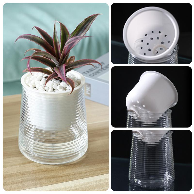 Self Watering Plant Pot Hydroponic Flower Pot Double Layer Plastic Flowerpot Cotton Rope Water-Absorbing Planter Garden Supplies