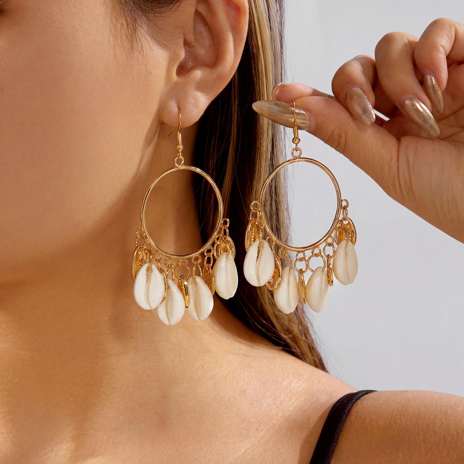 

Bohemian Shell Starfish Turquoise Bead Large Hoop Earrings for Women Metal Conch Seashell Circle Dangle Earring Vacation Zircon