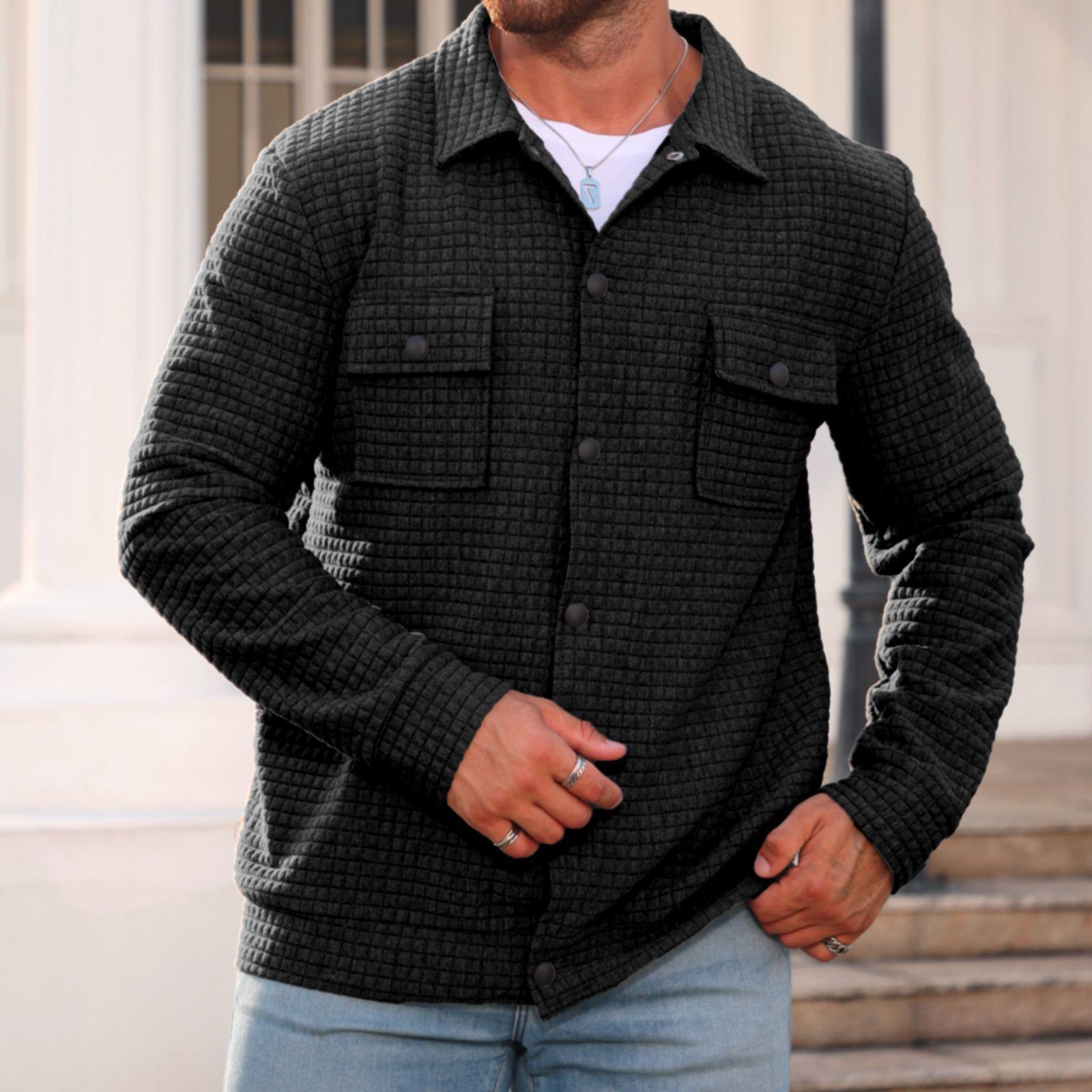 

Men s Casual Double-Pocket Lapel Jacket Solid-Color Small Check Loose Long Sleeve Outerwear Shirt L