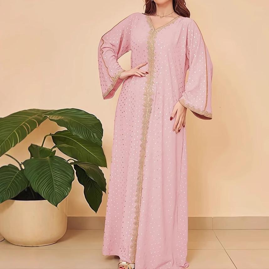 Elegant 2025 Dubai Dress: Gold Stamped Robe for Women from Middle East, Indonesia, Turkey