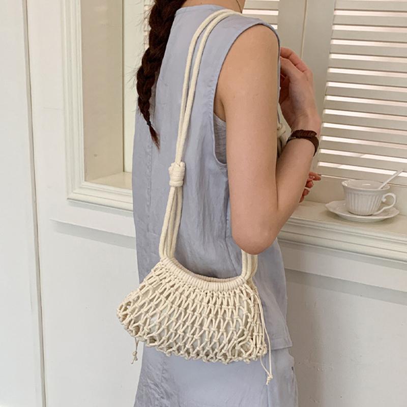 Yogodlns Summer Woven Net Shoulder Bag for Women Beach Hollow Out Crossbody Bag Retro Bohemian Vacation Daily Use Purse