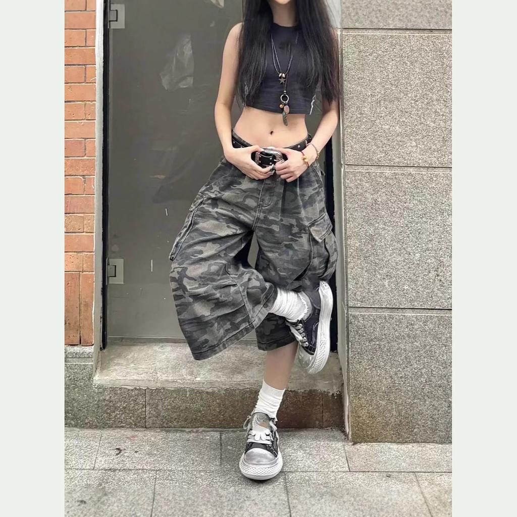 Punkové šortky Street Ležérní Léto Ženy Maskovací Harajuku Vintage Vysoký Pas Volné Šortky Y2K Široká noha Baggy Džínové šortky