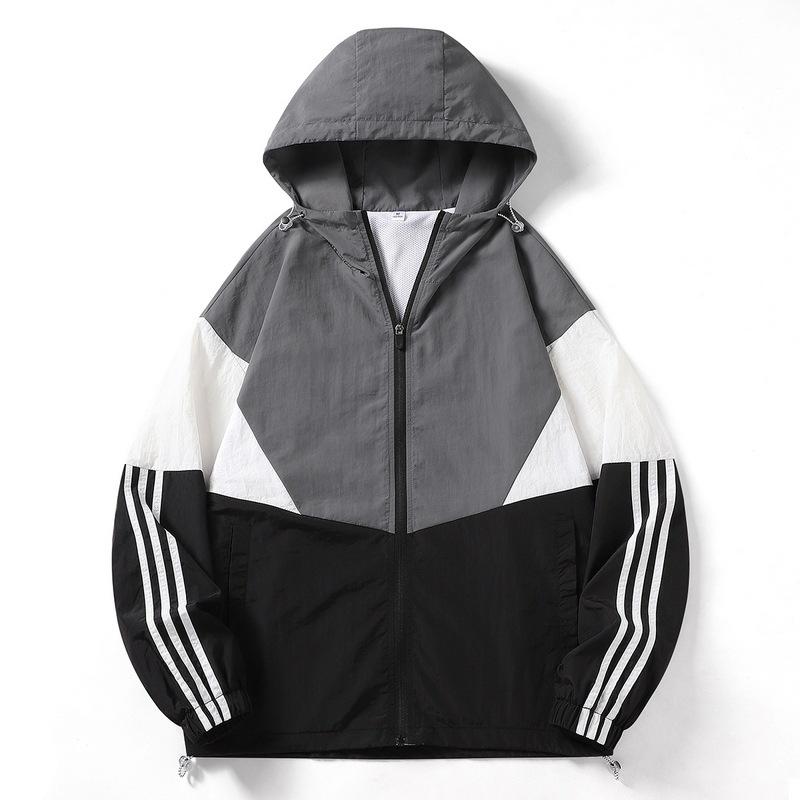 Spring and Autumn Jacket Men s Sports Top Men s Casual Hooded Jacket Men s Three-Bar Versatile Casual Versatile XS серый