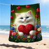1pc Cat Heart Flowers Outdoor Flannel Blanket , Machine Washable Perfect Gift for Birthday , Holiday Travel Accessory , Durable Material