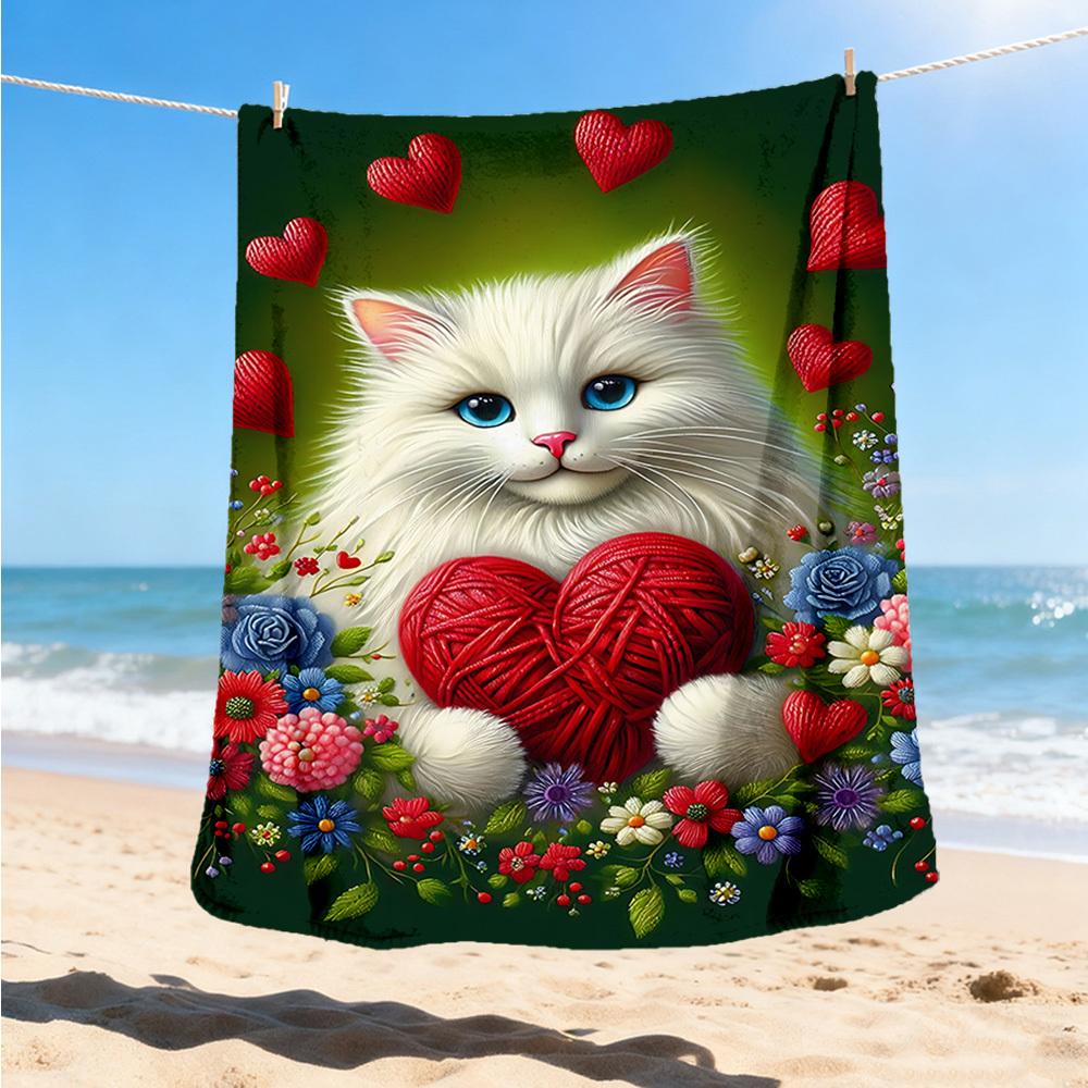 1pc Cat Heart Flowers Outdoor Flannel Blanket , Machine Washable Perfect Gift for Birthday , Holiday Travel Accessory , Durable Material