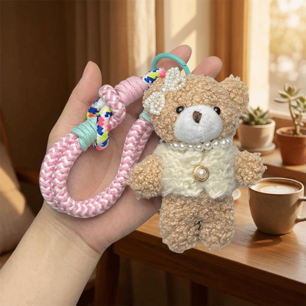 Bow Pearl Plush Bear Keychain Funny Key Ring Lovely Furry Bear Pendant  Bag Key Decor