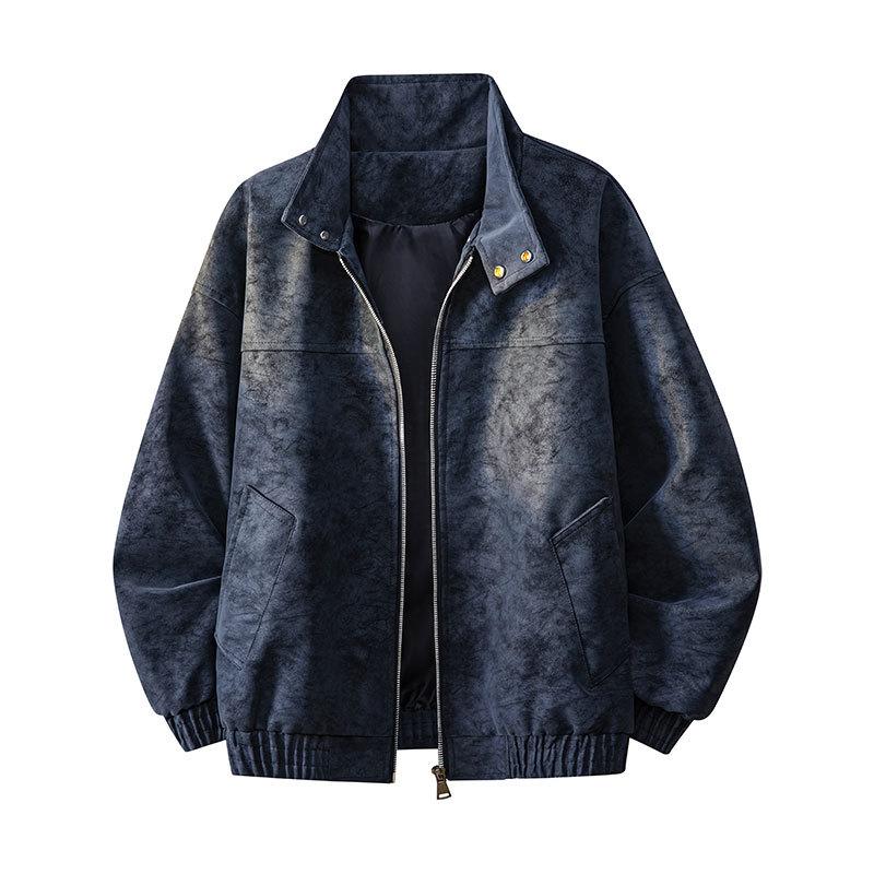 Men Vintage Washed Faux Leather Jacket Stand Collar Zip Up Loose Baseball Coat Casual Oversized Windbreaker Outerwear XXL