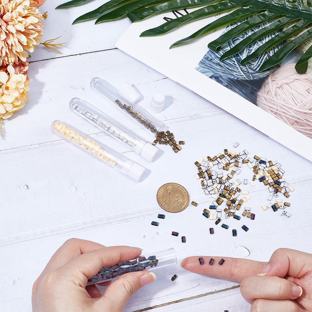 CREATCABIN 400Pcs 2 Hole Half Tila Beads 4 Colors Mix Glass Seed Beads Rectangle Mini Baking Paint Metallic Color Opaque Flat Square for Craft