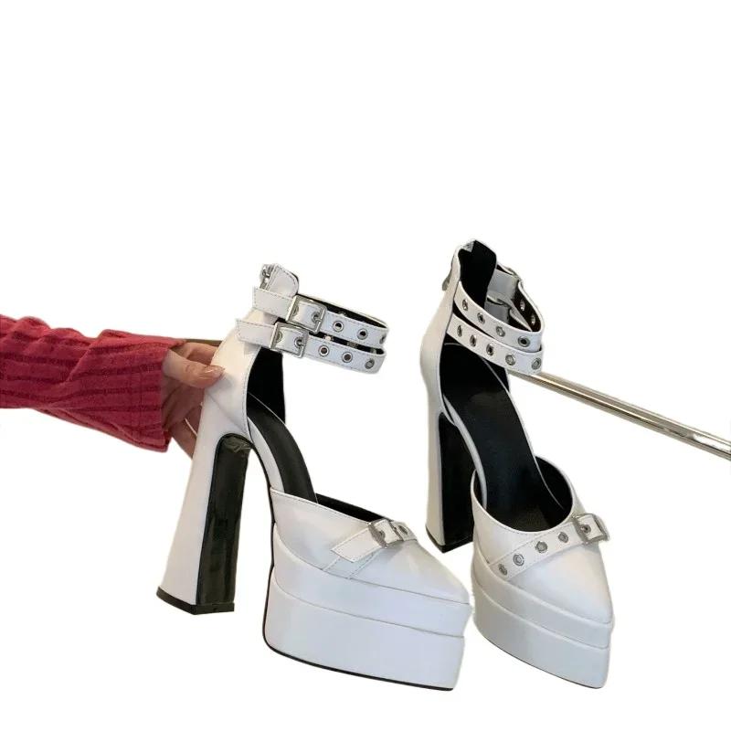 Fashion Elegant Woman Heeled Shoes 2025 Ankle-wrap Women's High Heels Party Pumps Rivet Pointed Toe Super High Buckle Strap Ladies Shoes