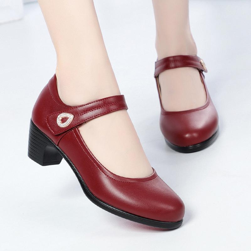 Women Fashion Round Toe Solid  PU Leather Comfort Spring Office Square Heel Pumps Classic Black Soft Bottom Single Shoes