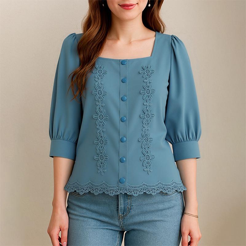 ZANZEA Women Square Neck Casual Flower Splice Summer 3/4 Sleeve Blouse