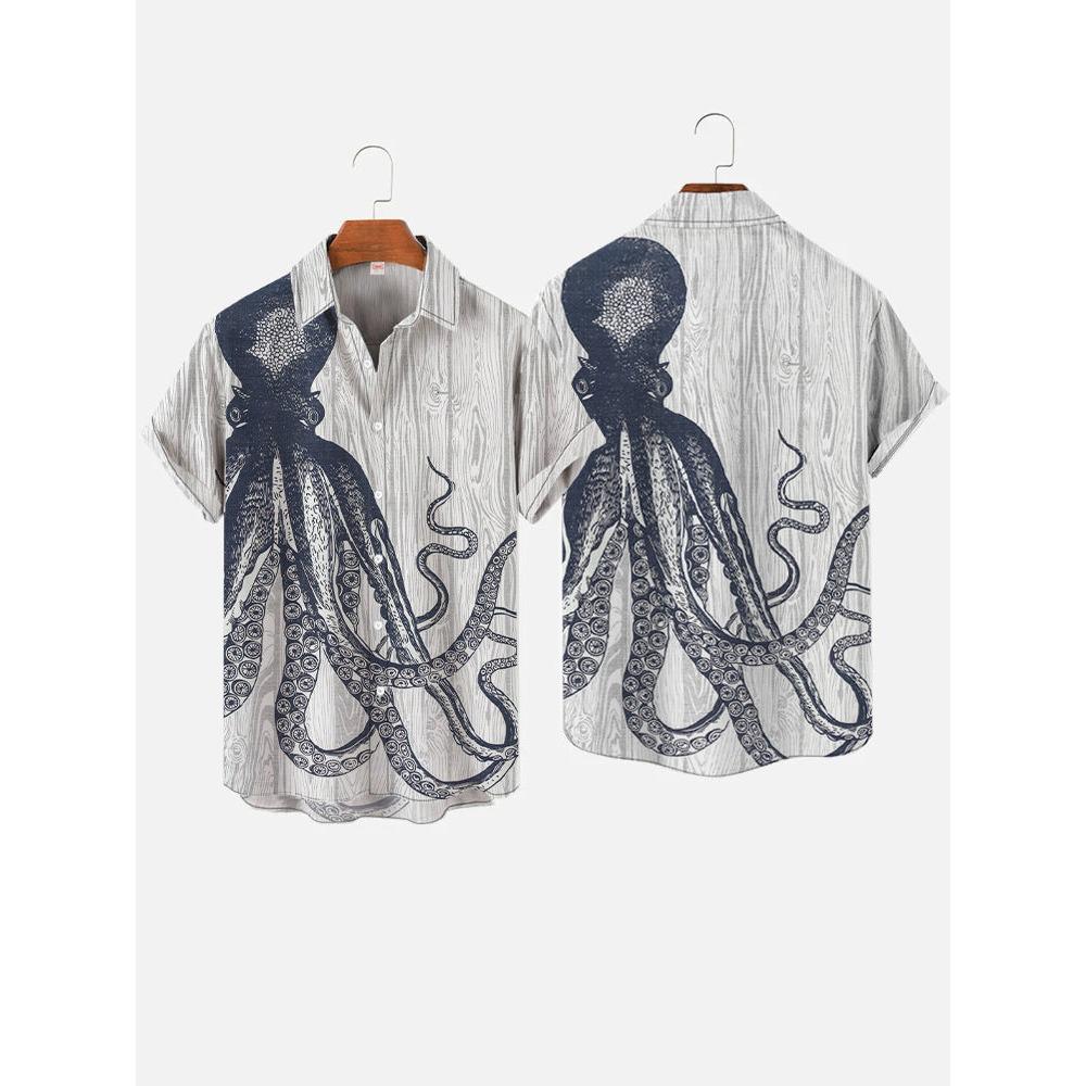 Octopus Print Men Hawaiian Shirt Summer Beach Short Sleeve
