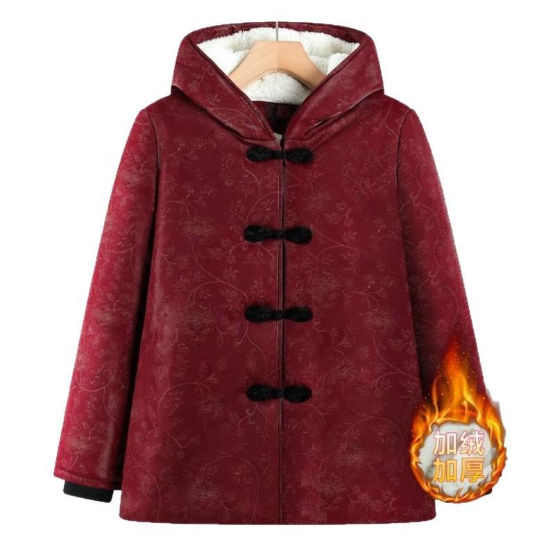 Elderly padded clothes Women's thickened winter padded clothes Elderly winter hooded velvet warm padded jacket