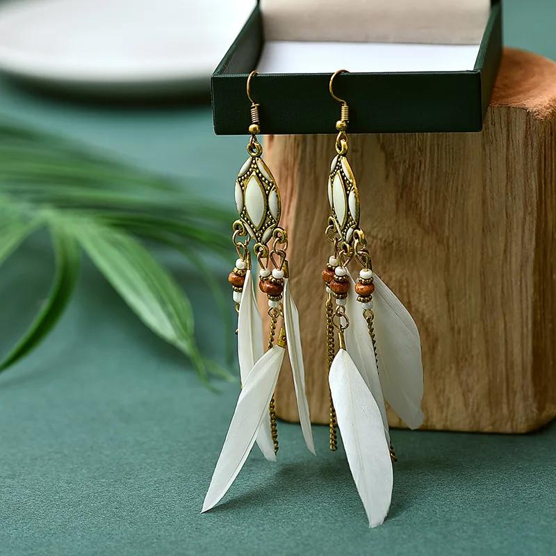 Bohemian Ethnic Feather Earrings For Women Long Tassel Beads Handmade Drop Dangle Earrings Girl Fashion Wedding Jewelry Gift