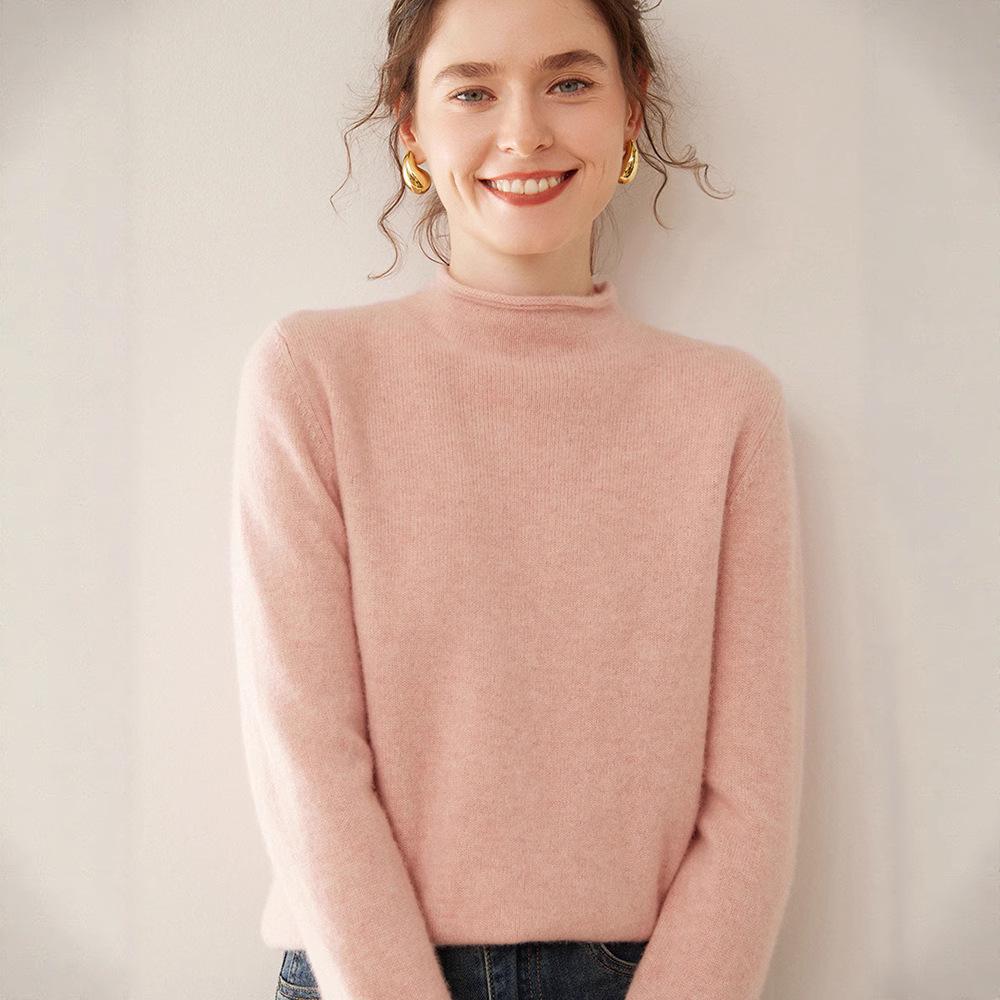 Women's Cashmere Rolled Hem Turtleneck Sweater - Thick, Double-Strand Knit, Solid Color, Short, Loose, Versatile Base Layer.