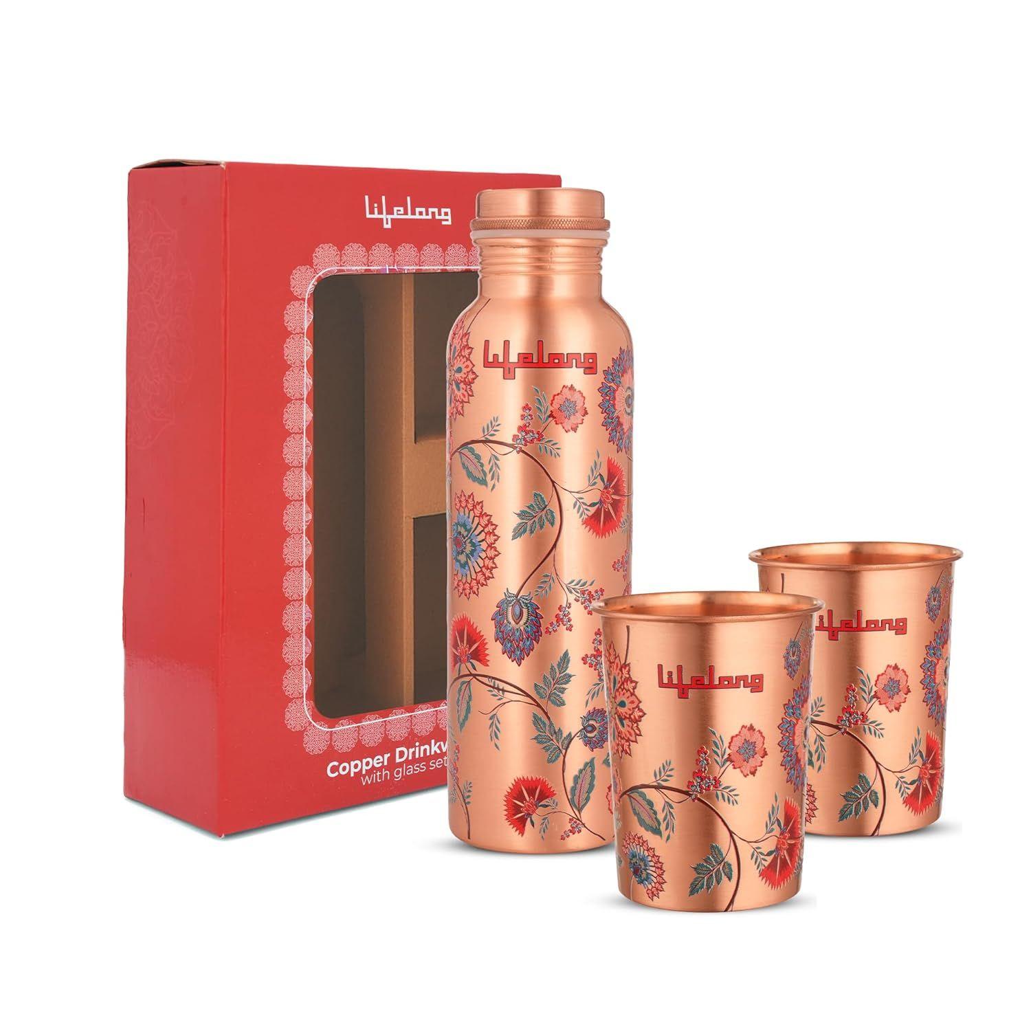 

950 ml Copper Water Bottle with Glass Set of 2 | Natural Alkaline Water | Leakproof & Lightweight Design Boosts Immunity | Anti-Bacterial, BPA Free