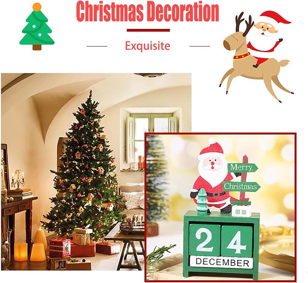 Christmas  Wooden Calendar with Blocks,Santa Snowman Deer Decor for Holiday/Farmhouse/Kitchen/Table/Room, Children Toys & Gifts