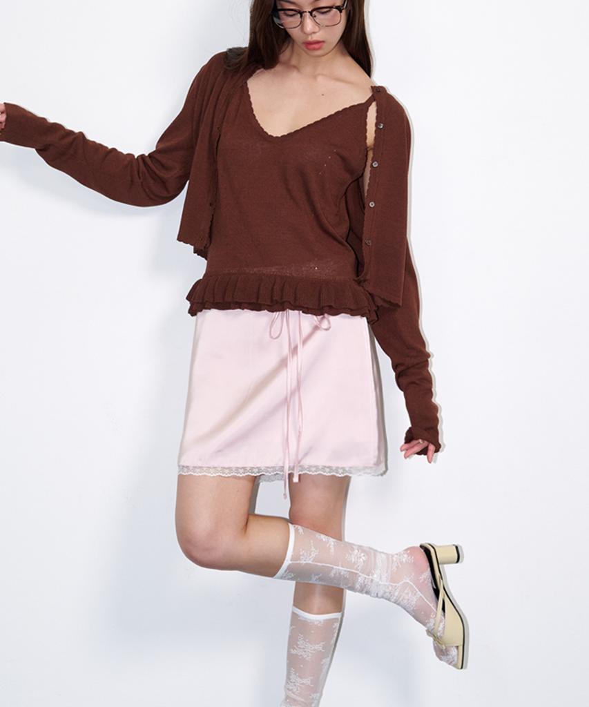 Opening Sunshine Strap Belt Satin Mini Skirt Lace Pink