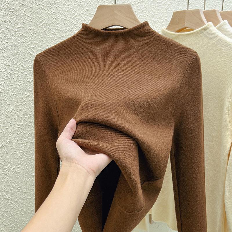 Half Turtleneck Knitted Base Shirt for Women New Autumn and Winter Thin Solid Color Inner Long-sleeved Top