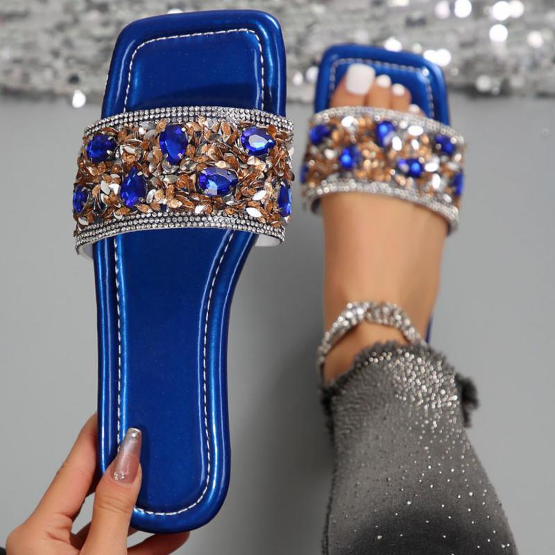 Fashion Summer Rhinestone Slippers Street Blue Leather Square Toe Flat Sandals Luxury Waterproof Outdoor Slippers Women Slippers Sandals