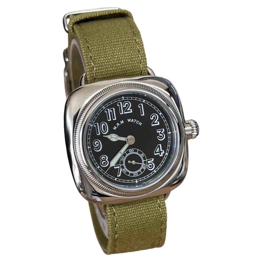 Military Watch Cushion Watch Black Dial Green Cloth Strap [M.R.M.W.]