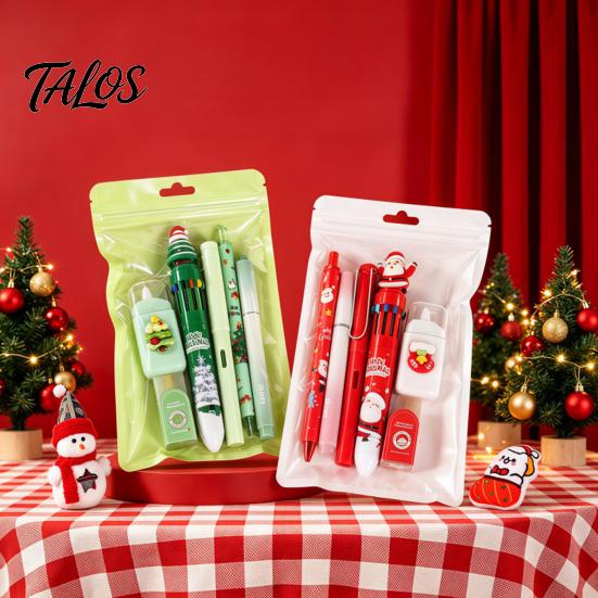 Classroom Reward Prizes for Christmas 6PCS Stationery Set Students, Cute Patterns Print Holiday Writing Pens with Accessories Practical School