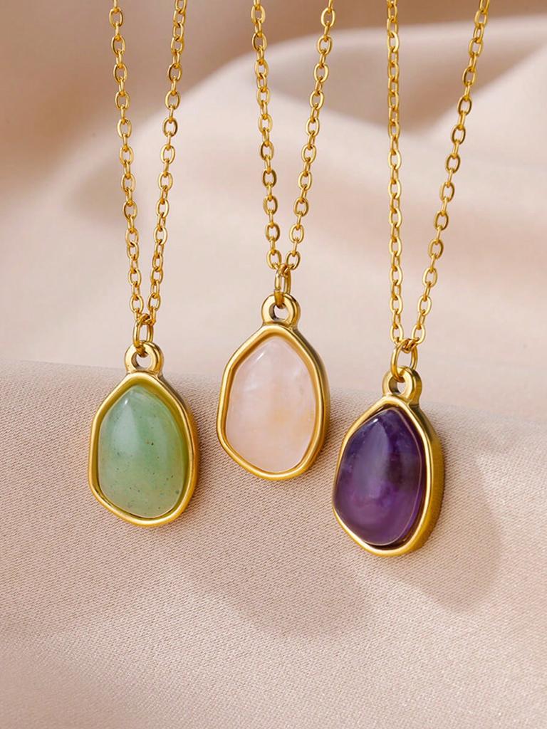 1pc Women's Stainless Steel Asymmetrical Purple Natural Stone Pendant Necklace, Fashion Accessory For Daily Wear