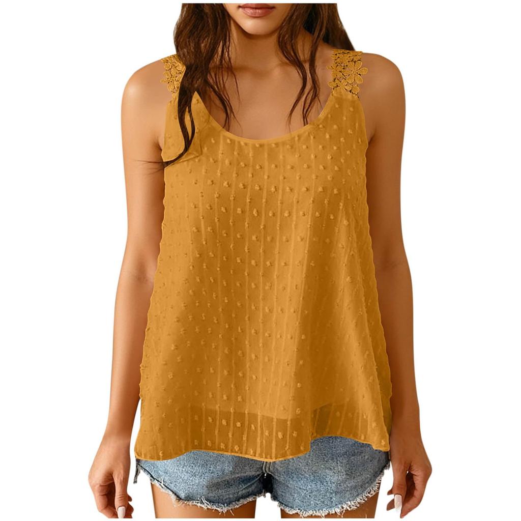Women's Fashion Color Round Neck Summer Lace Lace Lace Sleeveless Loose Tank Top