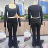 European and American Women's Casual Sports Slim Knit Square Neck Long Sleeve Two-Piece Set