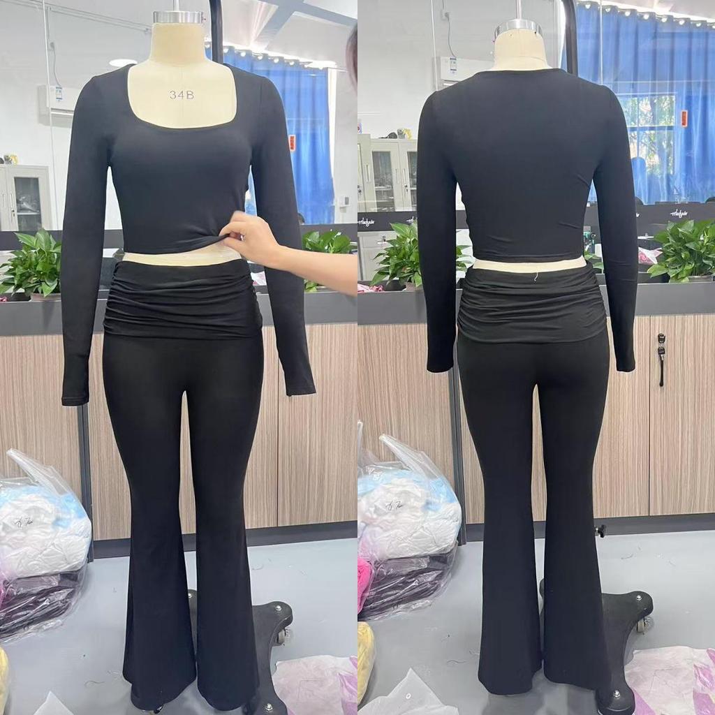 European and American Women's Casual Sports Slim Knit Square Neck Long Sleeve Two-Piece Set