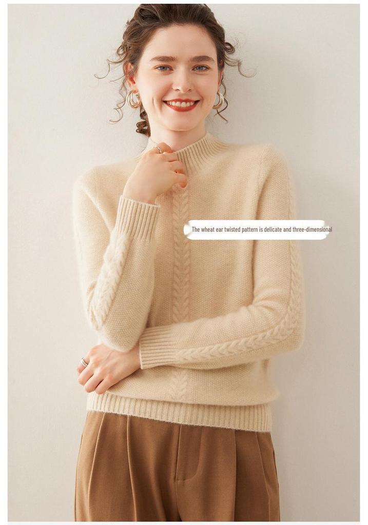 Women's Jacquard Knit Cashmere Sweater - Loose Fit, Half-High Neck, Autumn/Winter Fashion