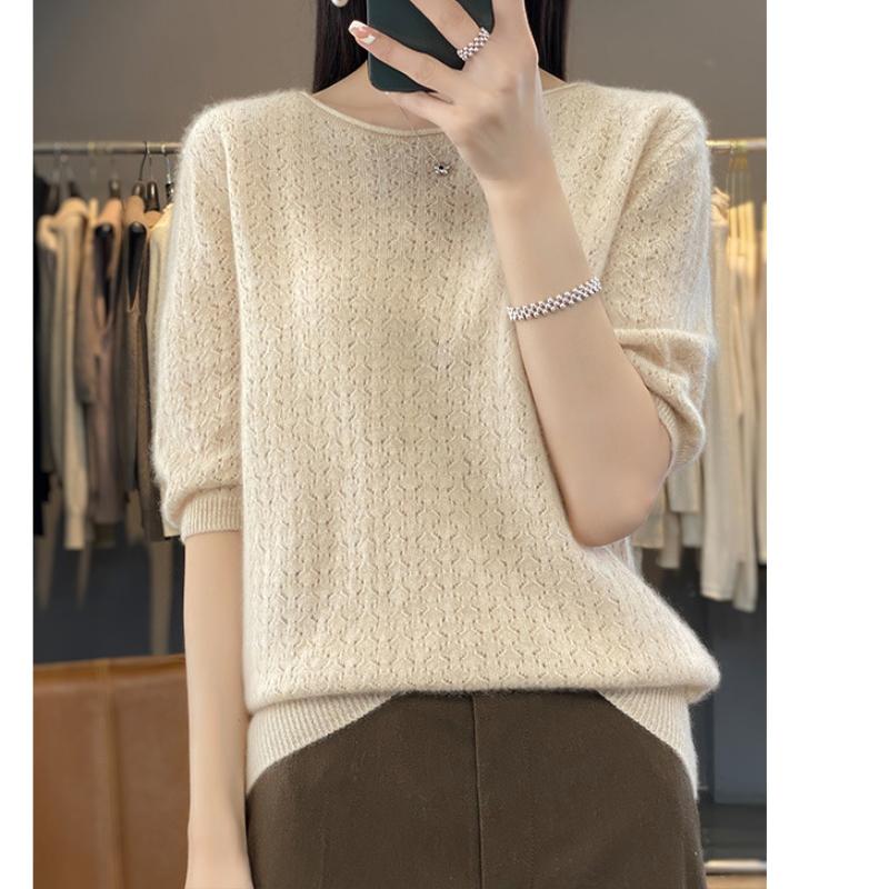 

Round Neck Wool Sweater for Women In Spring and Autumn New Temperament Bottoming Half-sleeved Korean Loose Versatile Thin Top S