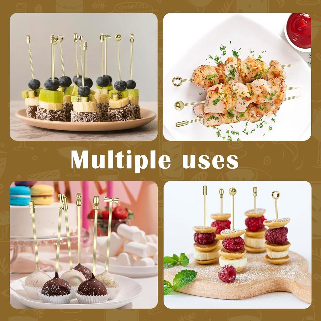 Metal Cocktail Picks, Gold Martini Skewers for Olive 4.2 in to 4.38 in, Stainless Steel Drinks Garnish Sticks, Reble Toothpicks for Appetizers, Home