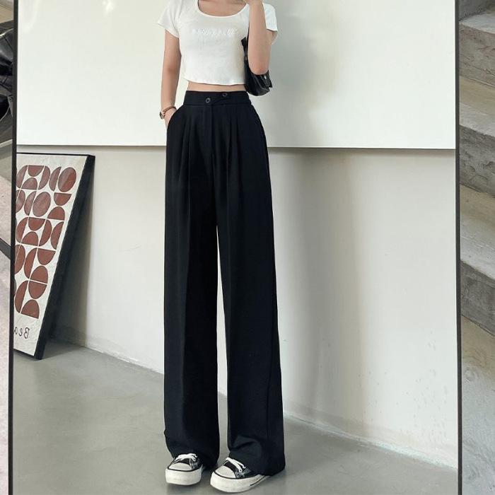Women's High-Waist Wide-Leg White Pants - Spring 2026 Casual Drape with Double Button Design