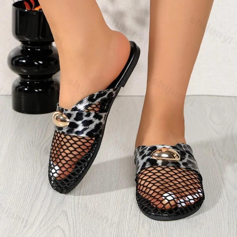 Fashion Leopard Design Casual Flat Half Slippers for Women 2026 Summer Mesh Hollow Breathable Comfortable Slip On Beach Sandals