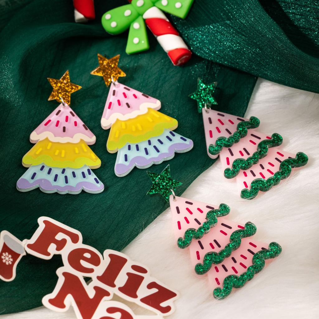 Festive Colorful Christmas Tree Earrings Glitter Acrylic Creative Dopamine Design Women Elegant Earrings