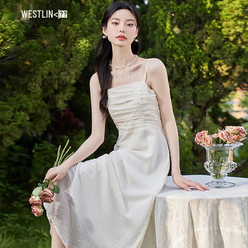 

Французское плиссированное жаккардовое платье на бретелях в горошек S